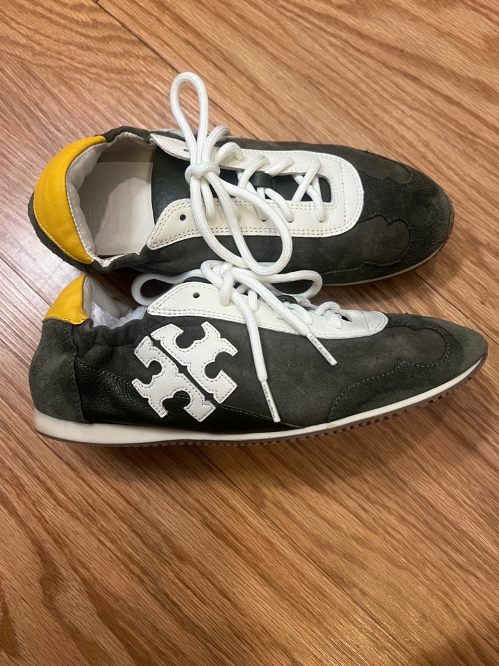 Tory Burch Green Suede Sneakers with White Trim and Yellow Heel